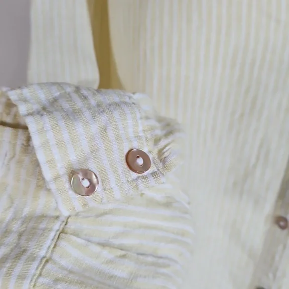 Sigrid Olsen SM Linen Butter Yellow White Striped Button Blouse Coastal Oversize - Picture 7 of 8